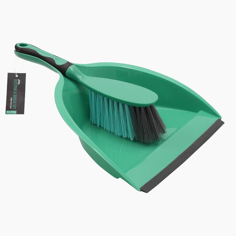 JVL Rubber Grip Dustpan and Bristle Brush Set, Turquoise/ Dustpan & Brush Green / Grey