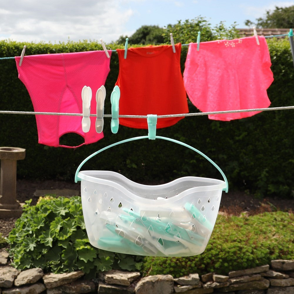 JVL Strong hanging 36 plastic clothes pegs with clear basket and hook, Aqua, Grey,, One Size White / Green