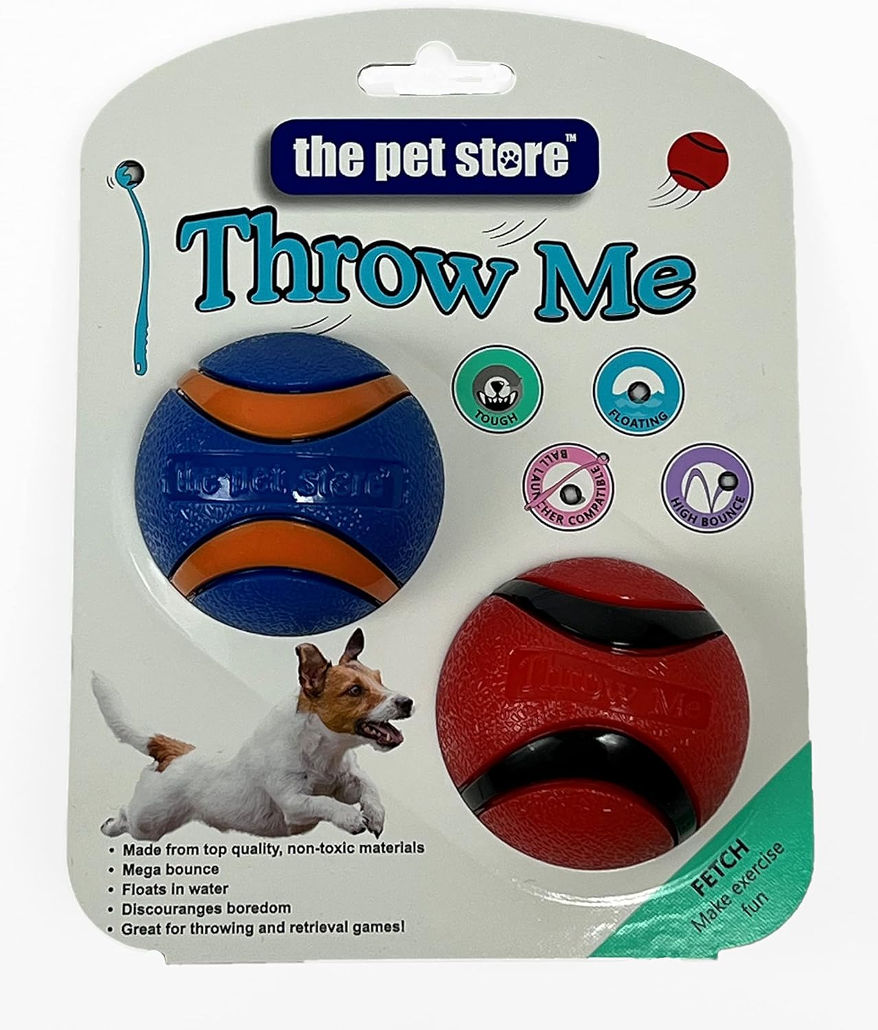Pet Store The Throw Me Ball Dog Toy, Resilient Mega Bounce Ball, compatible with launchers for Throwing & Retrieval Games, Blue/Orange and Red/Black pk2