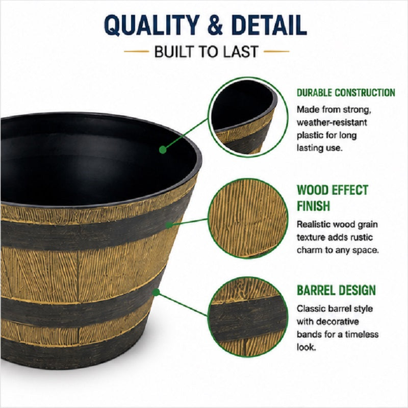 Half Barrel Planter Pot Plastic Wooden Oak Effect Garden Outdoor 33 x 19cm