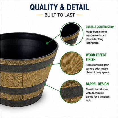 Half Barrel Planter Pot Plastic Wooden Oak Effect Garden Outdoor 33 x 19cm