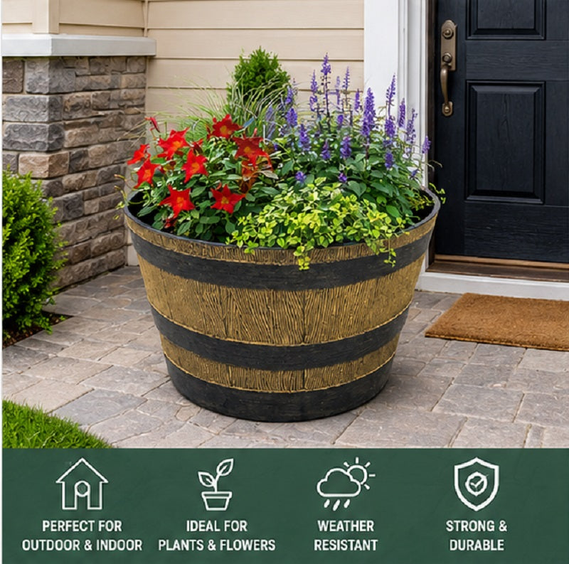 Half Barrel Planter Pot Plastic Wooden Oak Effect Garden Outdoor 33 x 19cm