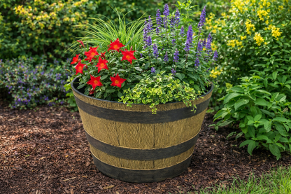 Half Barrel Planter Pot Plastic Wooden Oak Effect Garden Outdoor 33 x 19cm