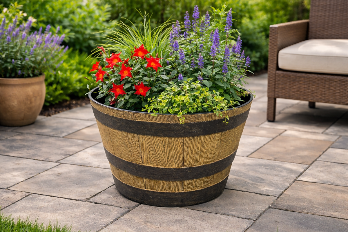 Half Barrel Planter Pot Plastic Wooden Oak Effect Garden Outdoor 33 x 19cm