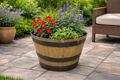 Half Barrel Planter Pot Plastic Wooden Oak Effect Garden Outdoor 33 x 19cm
