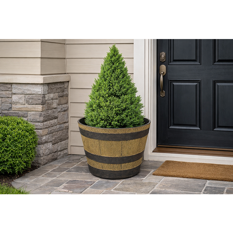 Half Barrel Planter Pot Plastic Wooden Oak Effect Garden Outdoor 33 x 19cm