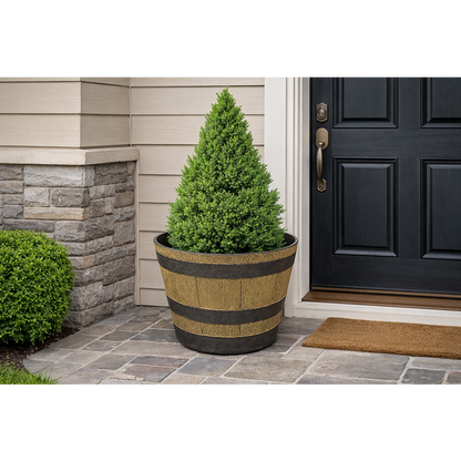 Half Barrel Planter Pot Plastic Wooden Oak Effect Garden Outdoor 33 x 19cm