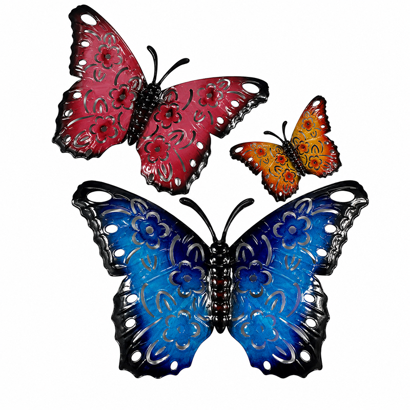 Green Jem Metal butterfly Garden Ornament pack 0f 3 Yellow / Orange