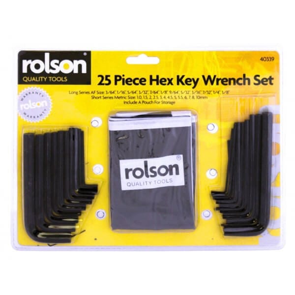 Allen Key / Hex Head Key Set Rolson 25 Piece Metric & Imperial With Carry Pouch