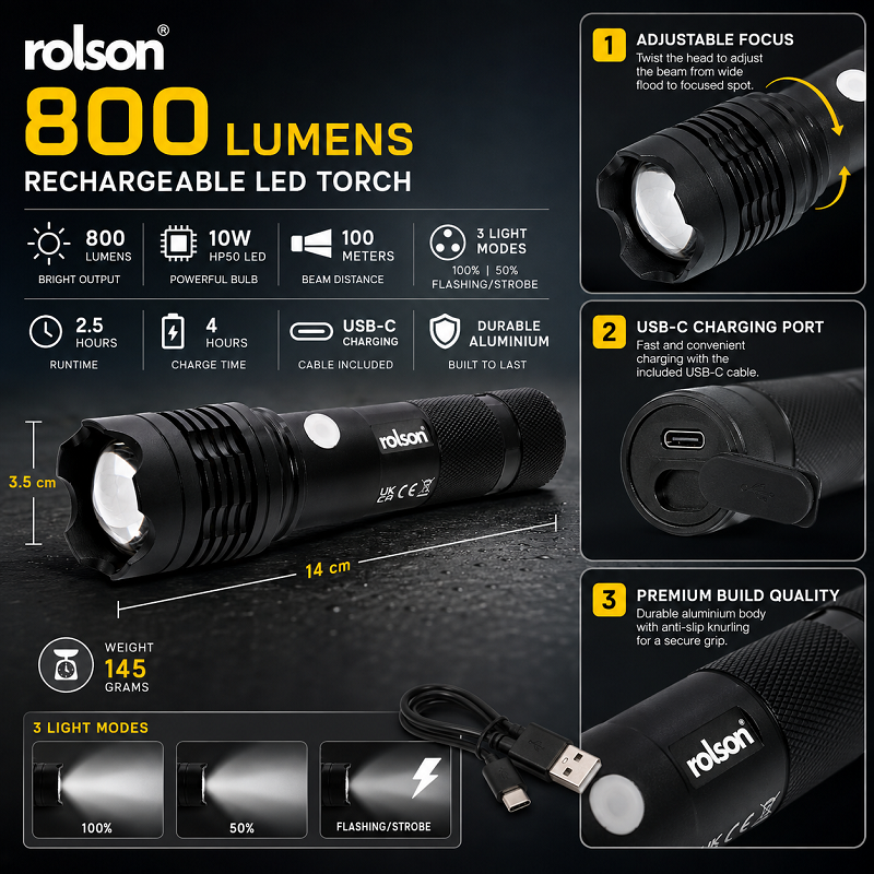 Rolson Compact 10W Rechargeable Torch ( 61477 )  800 Lumen Lighting