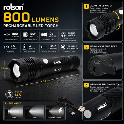 Rolson Compact 10W Rechargeable Torch ( 61477 )  800 Lumen Lighting
