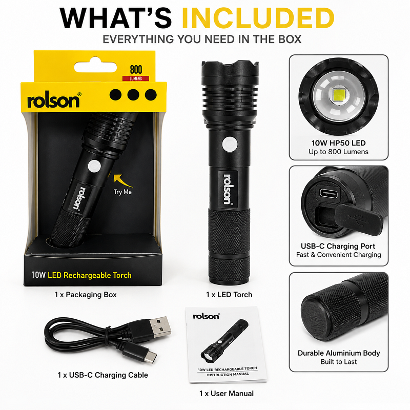 Rolson Compact 10W Rechargeable Torch ( 61477 )  800 Lumen Lighting