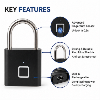 Rolson fingerprint padlock biometric Security Black