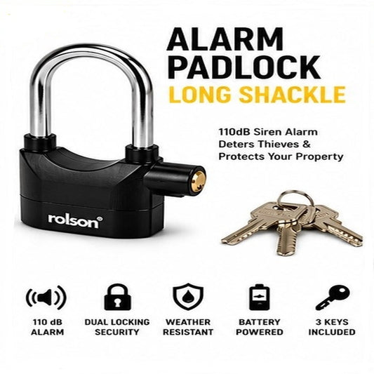 Rolson Long Shackled Alarmed Padlock 110db Security Black / Silver