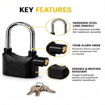 Rolson Long Shackled Alarmed Padlock 110db Security Black / Silver
