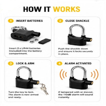 Rolson Long Shackled Alarmed Padlock 110db Security Black / Silver
