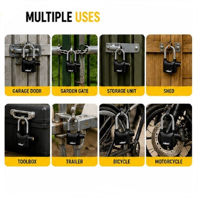 Rolson Long Shackled Alarmed Padlock 110db Security Black / Silver