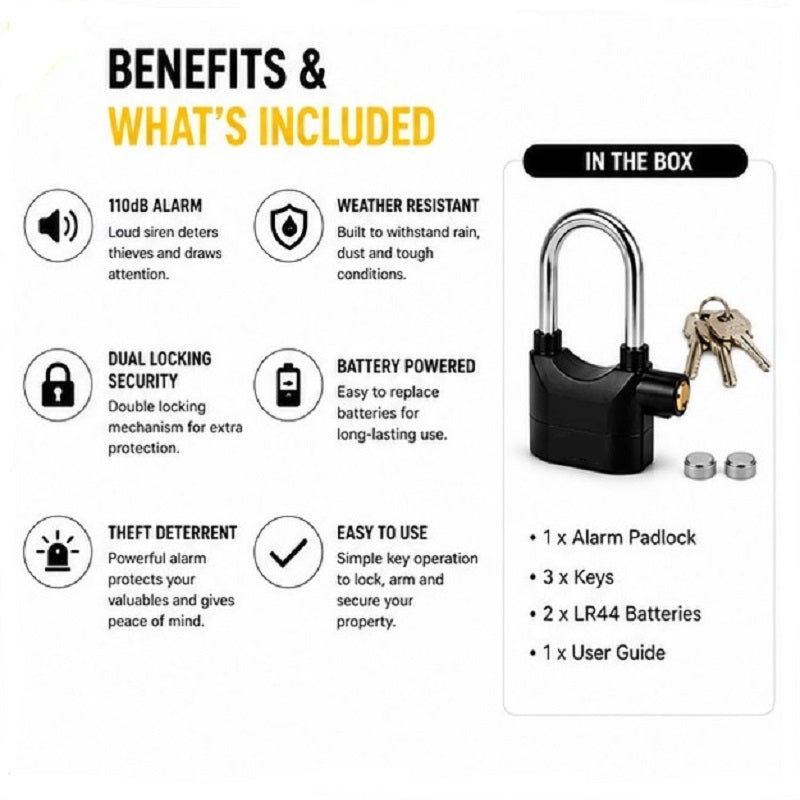 Rolson Long Shackled Alarmed Padlock 110db Security Black / Silver