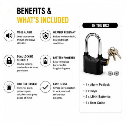 Rolson Long Shackled Alarmed Padlock 110db Security Black / Silver