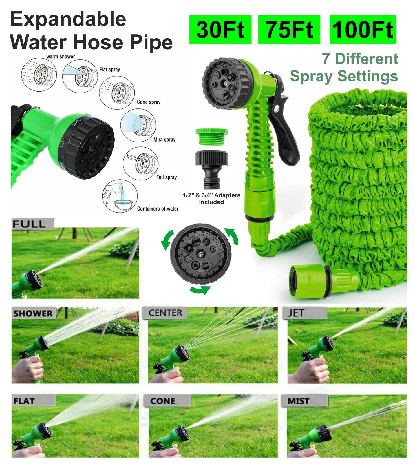 Expanding Hose pipe Garden Water Spray Gun Flexible Stretch Hosepipe 30m 100ft