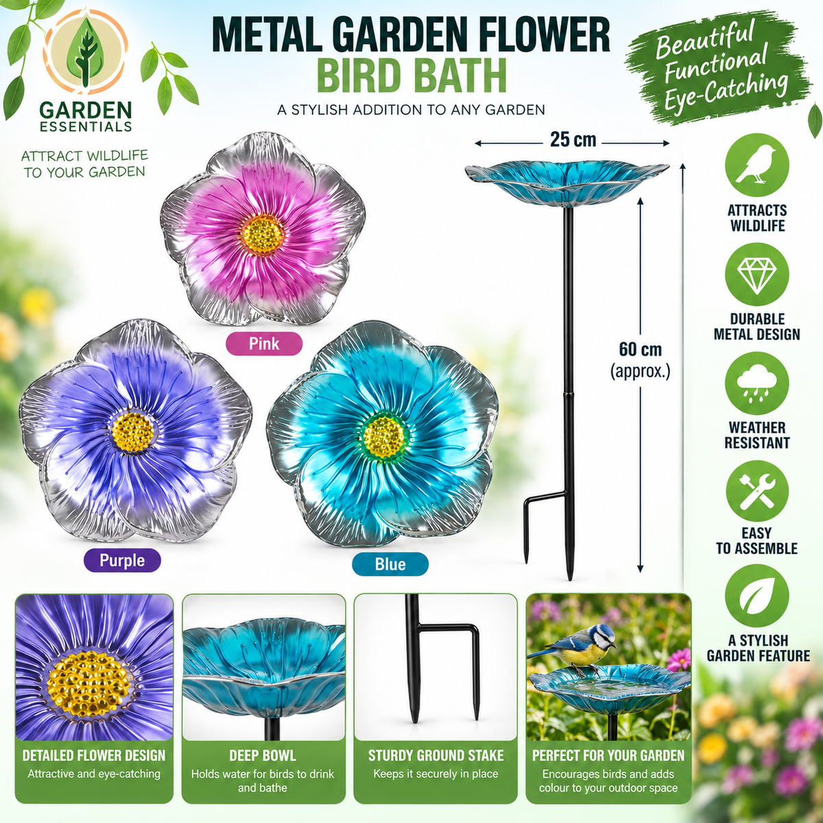 Bird Bath Metal Flower Large 23cm 3 assorted colours