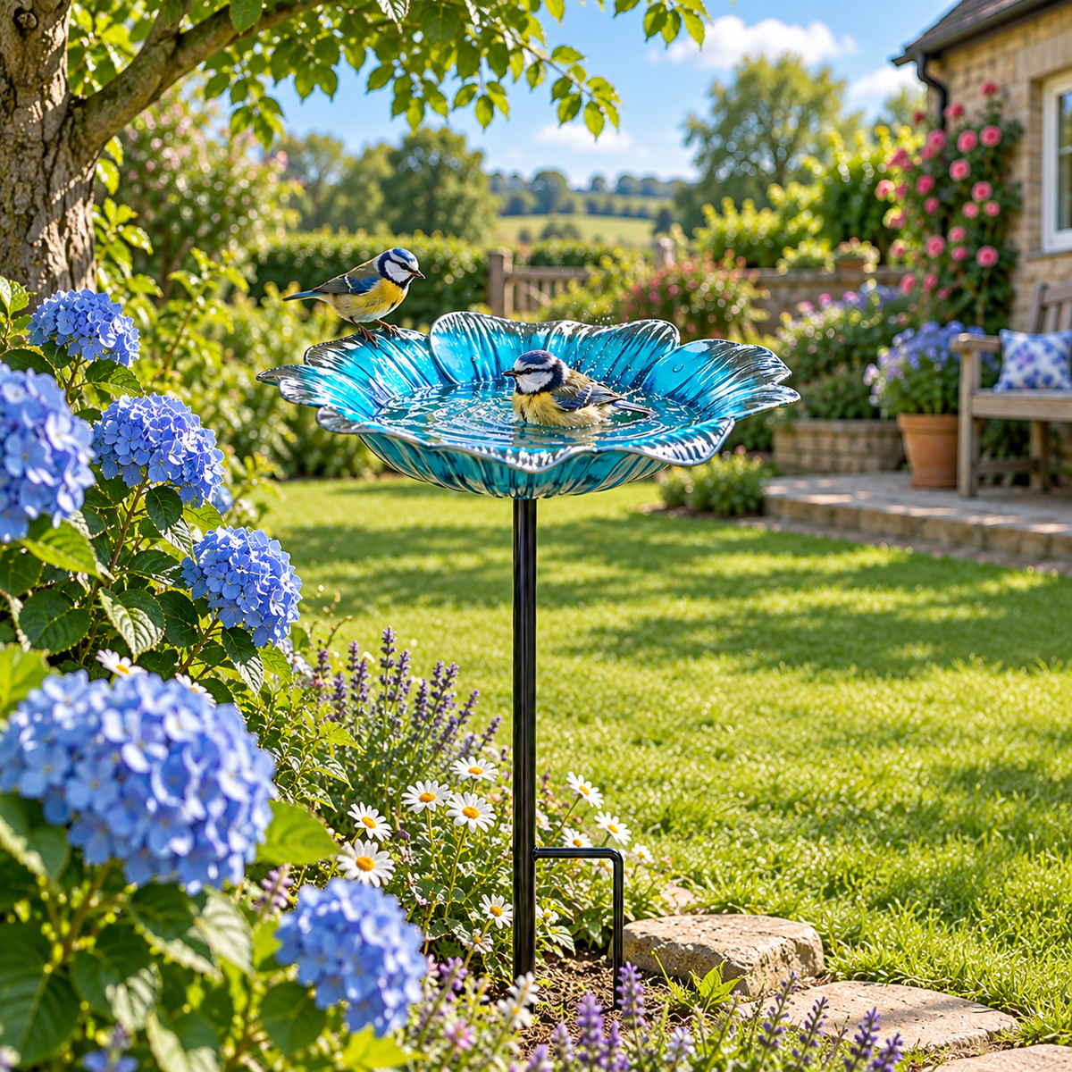 Bird Bath Metal Flower Large 23cm 3 assorted colours