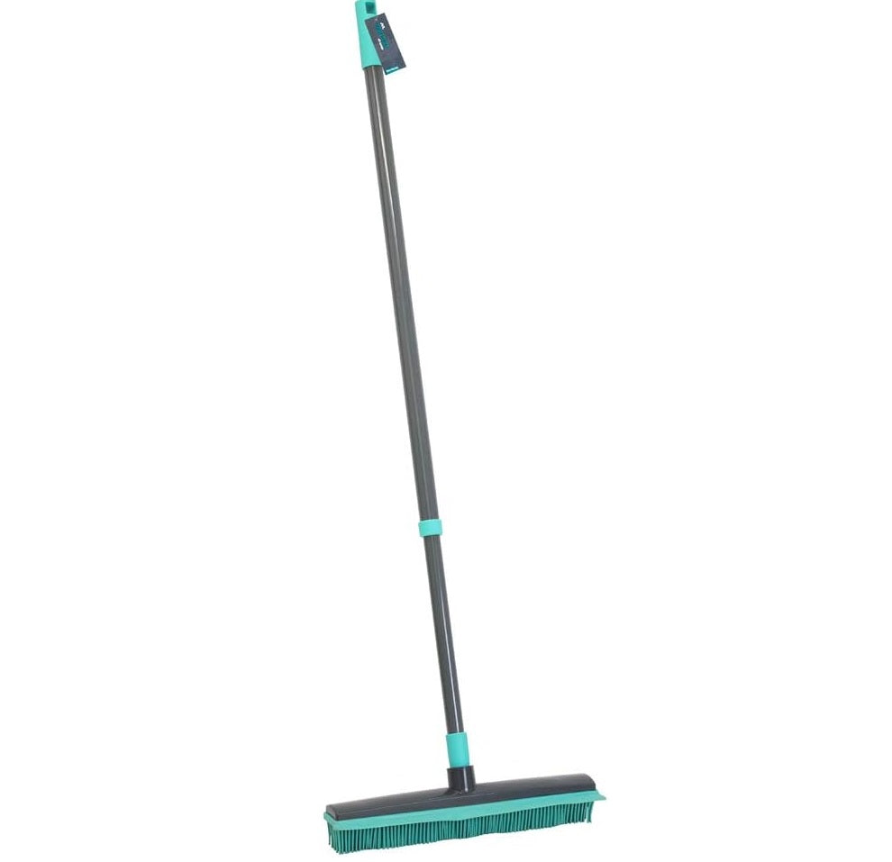 JVL Indoor Extendable Rubber Bristle Brush Broom with Squeegee, Grey/Turquoise