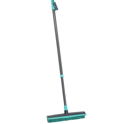 JVL Indoor Extendable Rubber Bristle Brush Broom with Squeegee, Grey/Turquoise