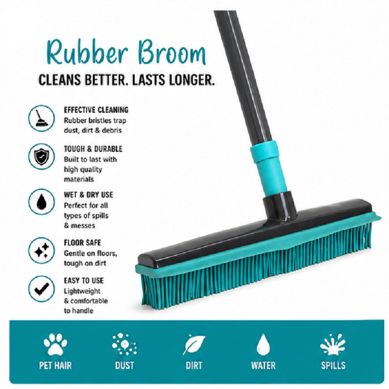 Pet Hair removal Extendable Rubber Broom with Squeegee, Grey/Turquoise