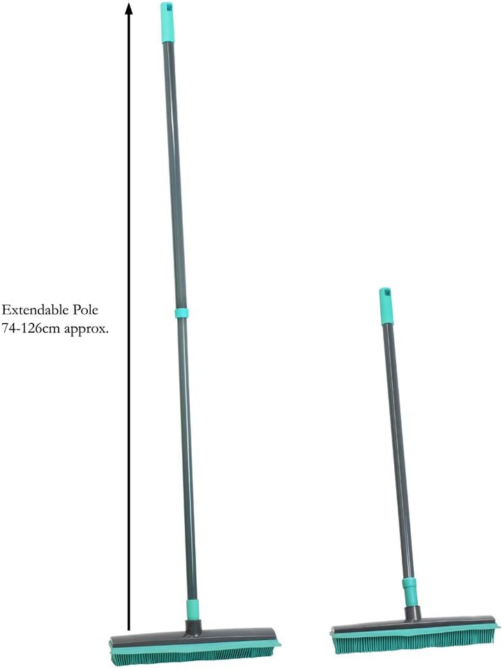 JVL Indoor Extendable Rubber Bristle Brush Broom with Squeegee, Grey/Turquoise