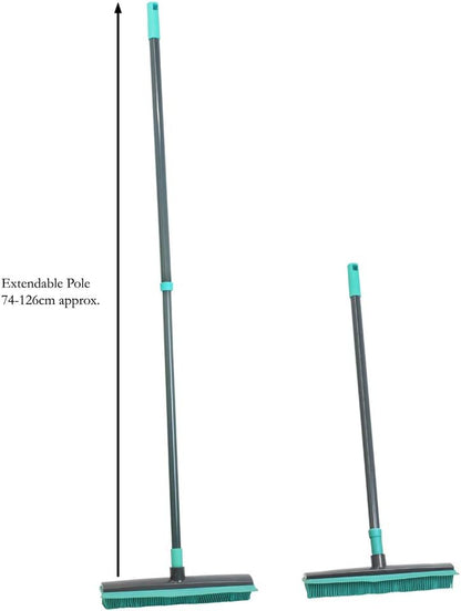 JVL Indoor Extendable Rubber Bristle Brush Broom with Squeegee, Grey/Turquoise
