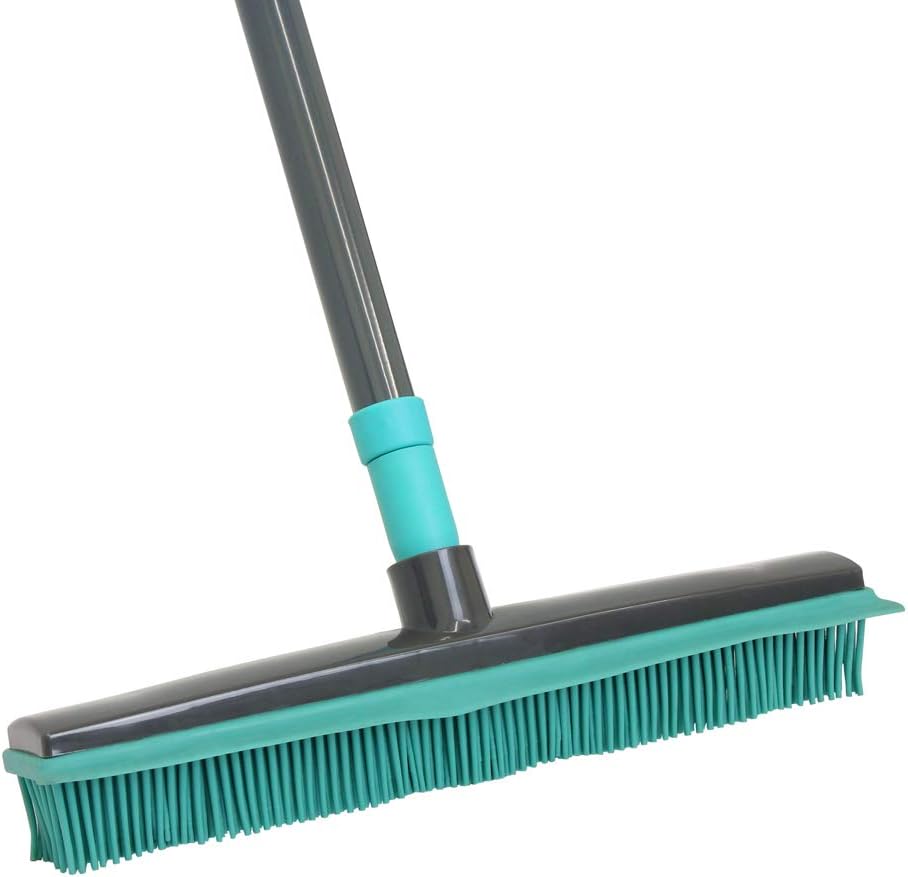 JVL Indoor Extendable Rubber Bristle Brush Broom with Squeegee, Grey/Turquoise
