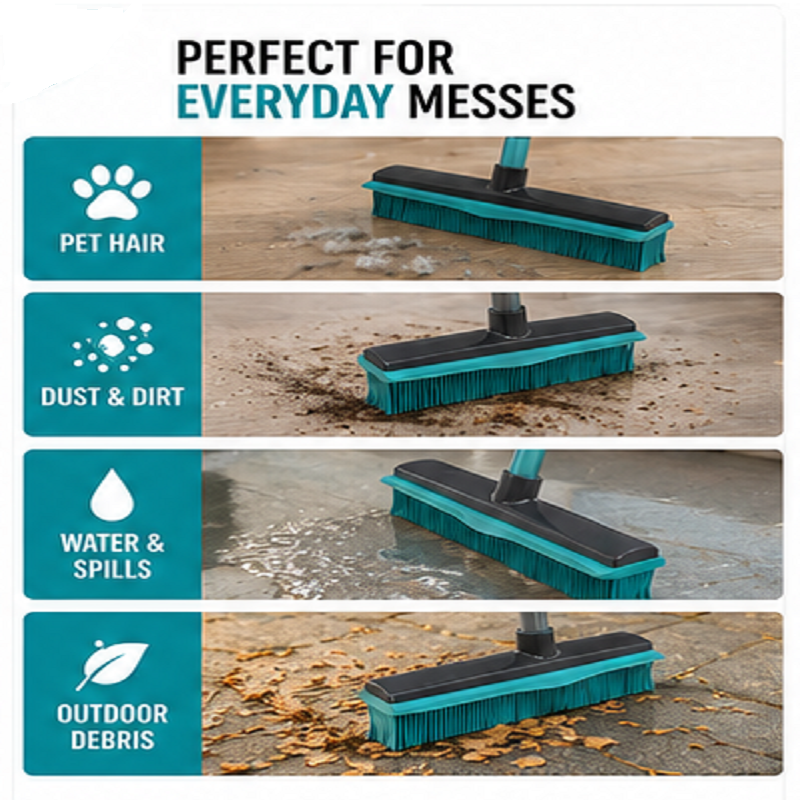 Pet Hair removal Extendable Rubber Broom with Squeegee, Grey/Turquoise