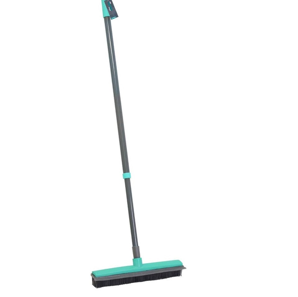 JVL Indoor Extendable Rubber Bristle Brush Broom with Squeegee, Turquoise/Grey