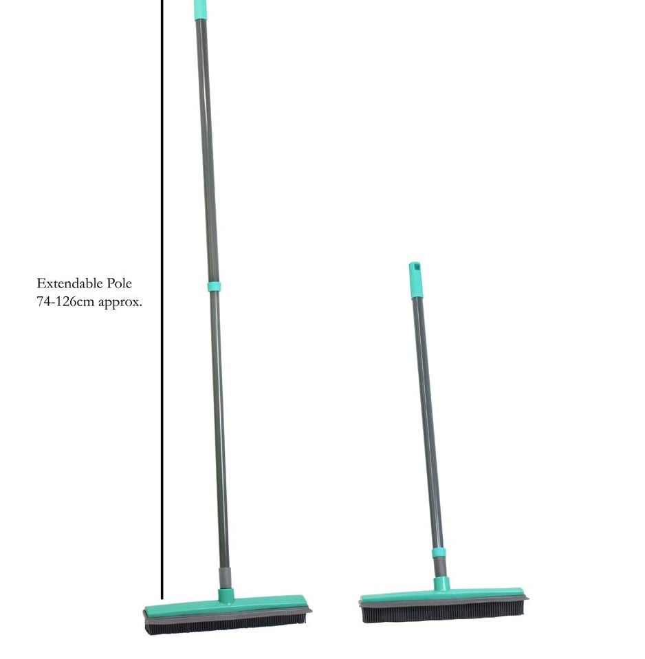 JVL Indoor Extendable Rubber Bristle Brush Broom with Squeegee, Turquoise/Grey