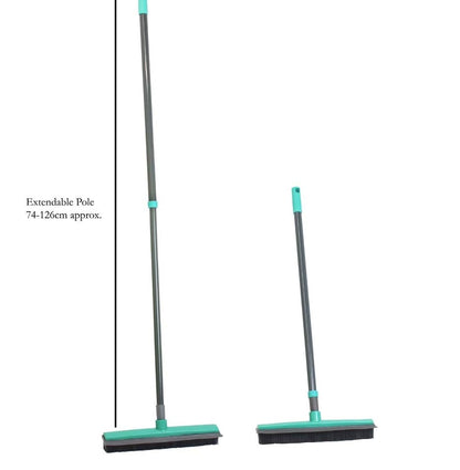 JVL Indoor Extendable Rubber Bristle Brush Broom with Squeegee, Turquoise/Grey