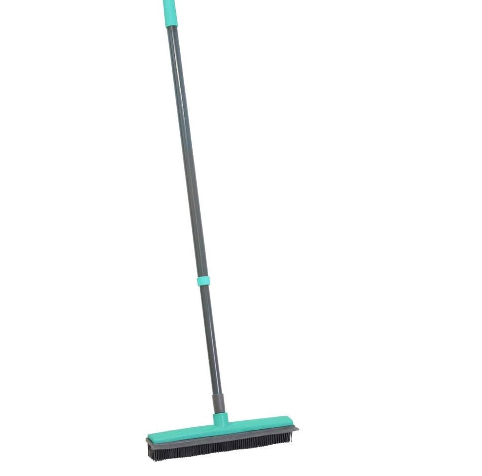 JVL Indoor Extendable Rubber Bristle Brush Broom with Squeegee, Turquoise/Grey