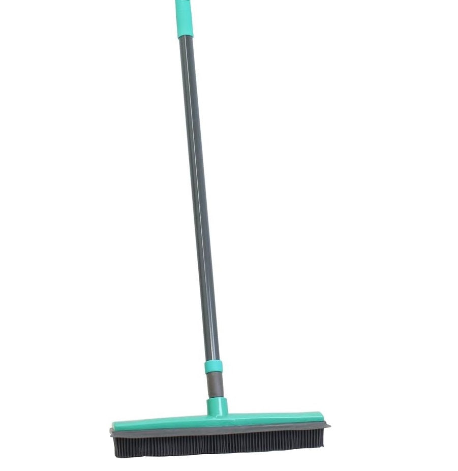 JVL Indoor Extendable Rubber Bristle Brush Broom with Squeegee, Turquoise/Grey