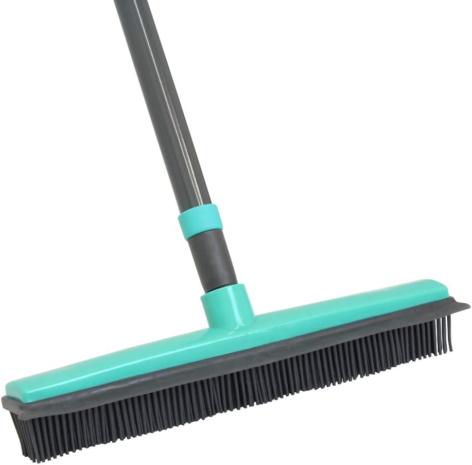 JVL Indoor Extendable Rubber Bristle Brush Broom with Squeegee, Turquoise/Grey