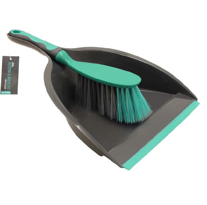 JVL Rubber Grip Dustpan and Bristle Brush Set, Grey/Turquoise
