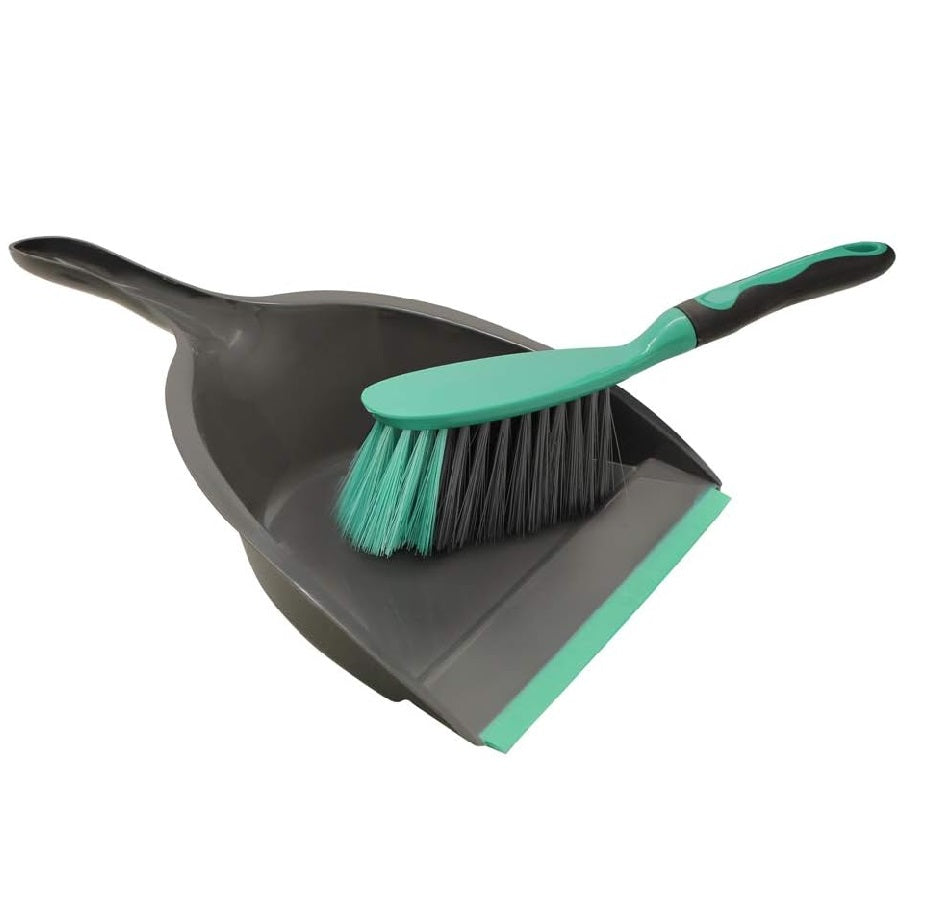JVL Rubber Grip Dustpan and Bristle Brush Set, Grey/Turquoise