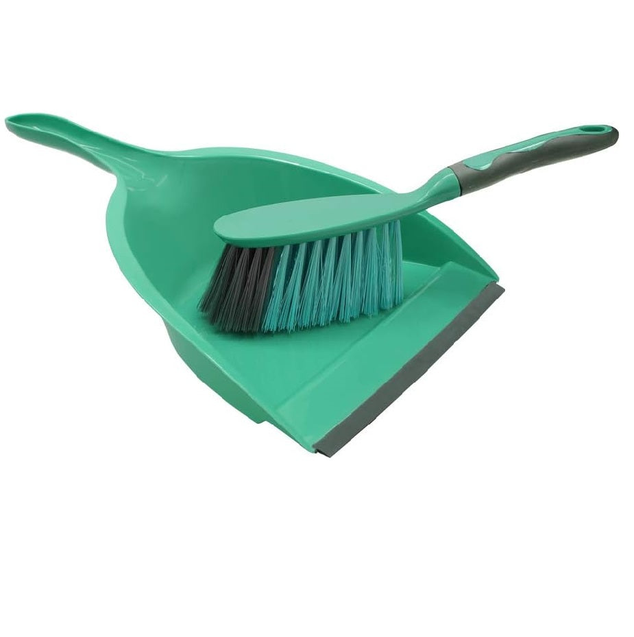 JVL Rubber Grip Dustpan and Bristle Brush Set, Turquoise/Grey