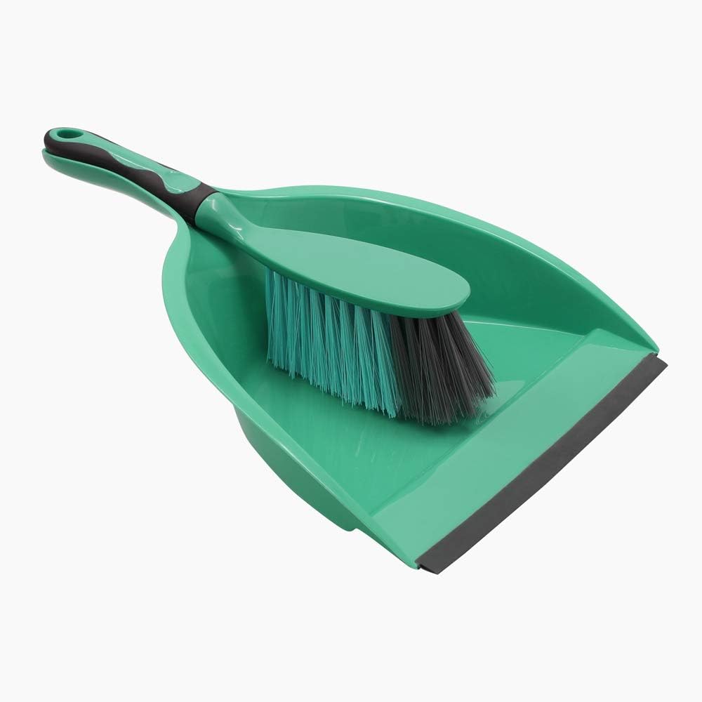 JVL Rubber Grip Dustpan and Bristle Brush Set, Turquoise/Grey