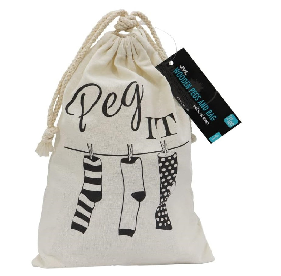 JVL Peg It, Peg Bag with Wooden Pegs, Pack of 100 (19-243)