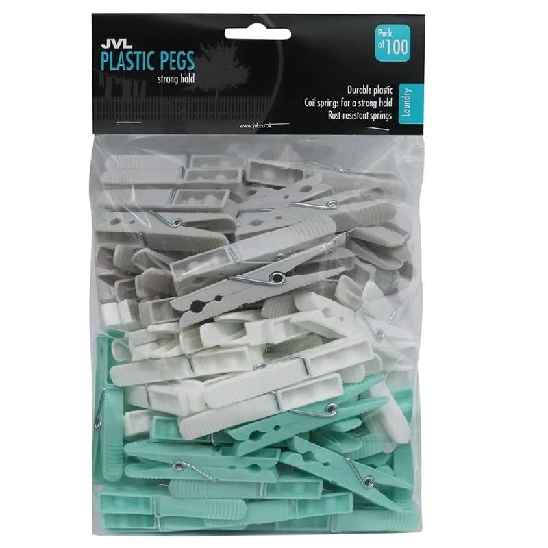 JVL Strong Hold Rust Resistant Plastic Pegs, Pack of 100 Clothes Pegs White / Aqua