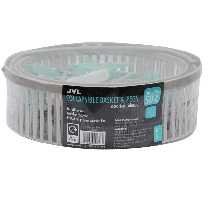JVL Round Collapsible Peg basket with Plastic Pegs, Pack of 50, Multicolor, One Size, (19-217) , Aqua