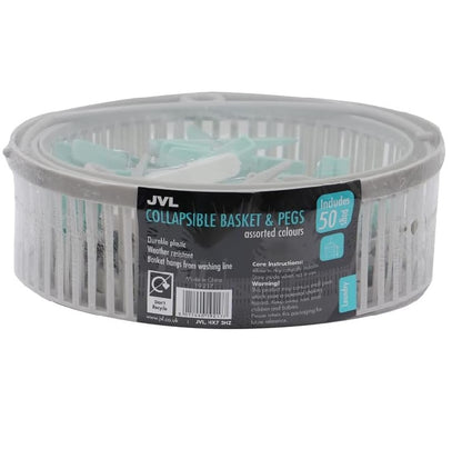 JVL Round Collapsible Peg basket with Plastic Pegs, Pack of 50, Multicolor, One Size, (19-217) , Aqua
