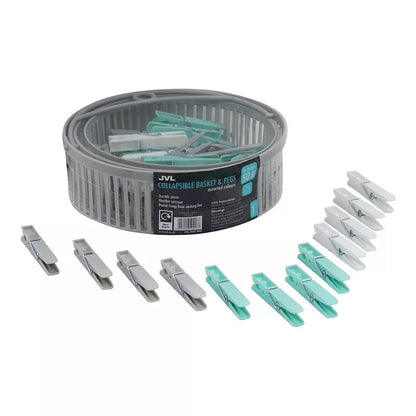 JVL Round Collapsible Peg basket with Plastic Pegs, Pack of 50, Multicolor, One Size, (19-217), Aqua Clothes Pegs White / Grey