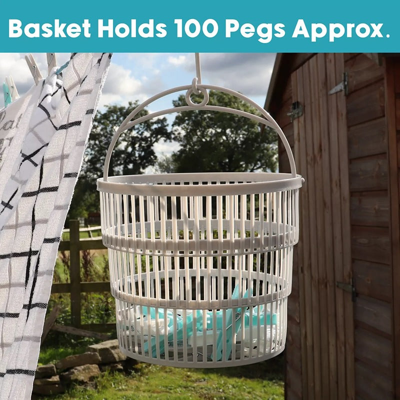 JVL Round Collapsible Peg basket with Plastic Pegs, Pack of 50, Multicolor, One Size, (19-217), Aqua Clothes Pegs White / Grey