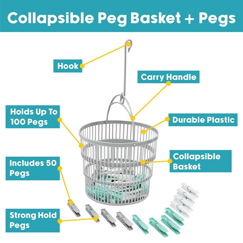 JVL Round Collapsible Peg basket with Plastic Pegs, Pack of 50, Multicolor, One Size, (19-217), Aqua Clothes Pegs White / Grey